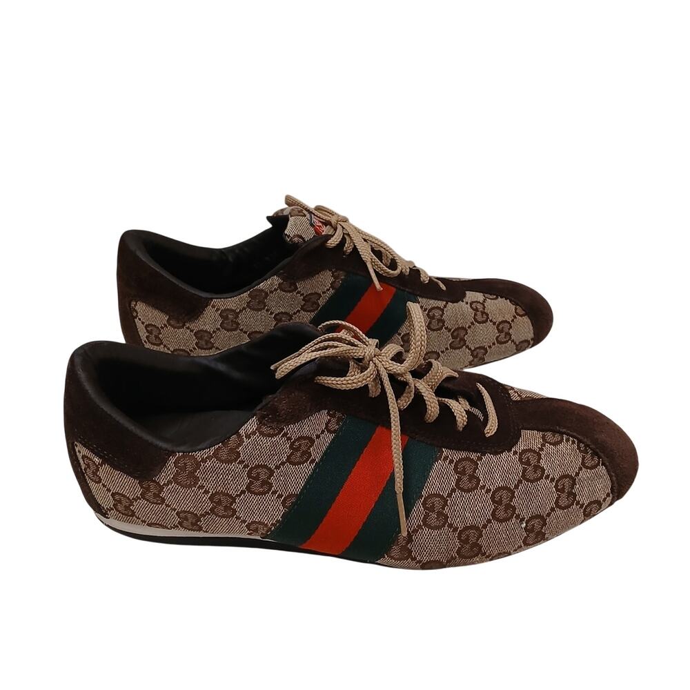 Gucci Web Detail Trainers Men 9.5 GG Canvas Suede Brown Tan Logo w‎ BOX AND Card